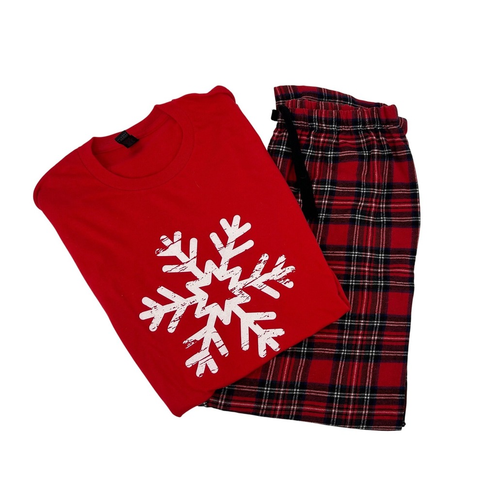 Gildan Mens Red Snowflake Pajamas Set Buffalo Plaid Pants Christmas  Large